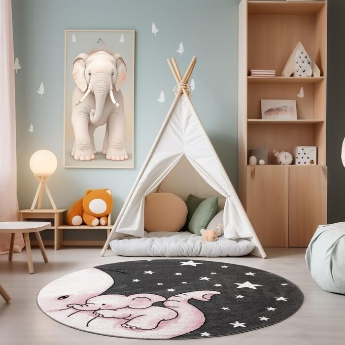 Дитячий килим круглий Elefant, короткий ворс, блакитно-сірий 120 см. Килим для дівчаток та хлопчиків в дитячу кімнату. Гіпоалергенний, м'який килим для ігор.