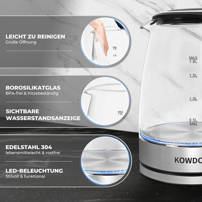 Електричний чайник Kowdom 1.8L з боросилікатного скла, BPA-free, 2200W, швидкий нагрів, автовимкнення та захист від сухого кипіння, чорний
