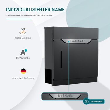 Поштовий ящик преміум класу з газетницею та оглядовим вікном, антрацит - персоналізований з іменем родини, настінний поштовий ящик