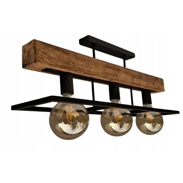 Люстра-ліхтар у стилі лофт з масивною дерев'яною балкою, дерево та метал