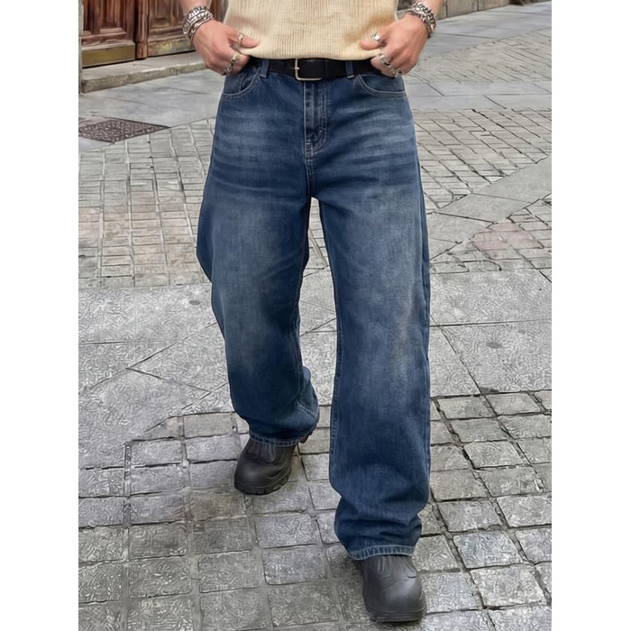 Чоловічі широкі джинси JMIERR Baggy Y2K Denim Streetwear Raw Loose Fit Hip Hop XXL темно-сині