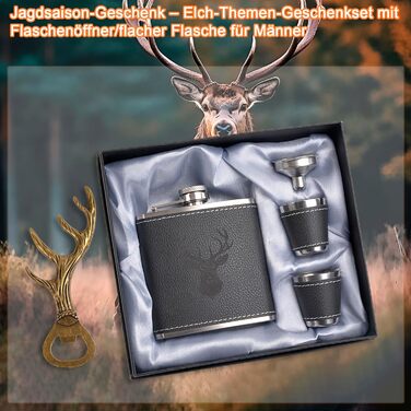 Фляга для чоловіків Jäger з гравіюванням оленя, 180 мл, нержавіюча сталь, комплект з 2 склянок, відкривачем, воронкою, кракею та шкіряним чохлом, аксесуар для полювання