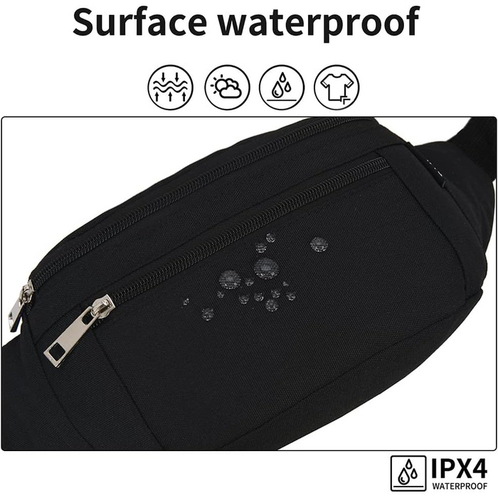 Чоловіча та жіноча поясна сумка на пояс, водонепроникна, для спорту, подорожей, кемпінгу, бігу, велосипеда (чорна)