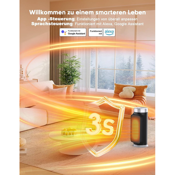 Розумний обігрівач з функцією охолодження, 1800W, WiFi, керування через додаток/Alexa/Google Assistant, для дому, офісу, спальні, чорний