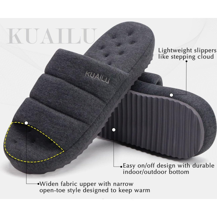 Чоловічі тапочки KuaiLu: стильні, з м'якою устілкою з піною пам'яті, для дому та вулиці, сірі, 46 EU