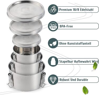 Stainless Steel Lunch Box (3 Pack) Adult Food Containers, Kids Lunchbox, Stainless Steel. Suitable for snacks, fruit, cereal, soups, and main meals, etc.
