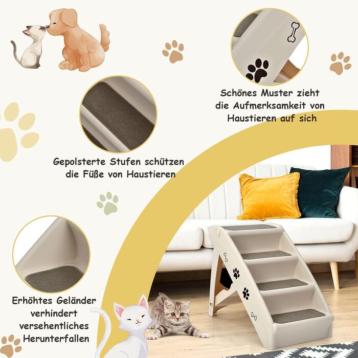 COSTWAY 4-Step Pet Stairs with Carpet, Dog Stairs Plastic Cat Stairs Foldable, Portable Dog Ramp Pet Stairs for Dogs and Cats, Pet Ramp for Climbing and Scratching (Beige)