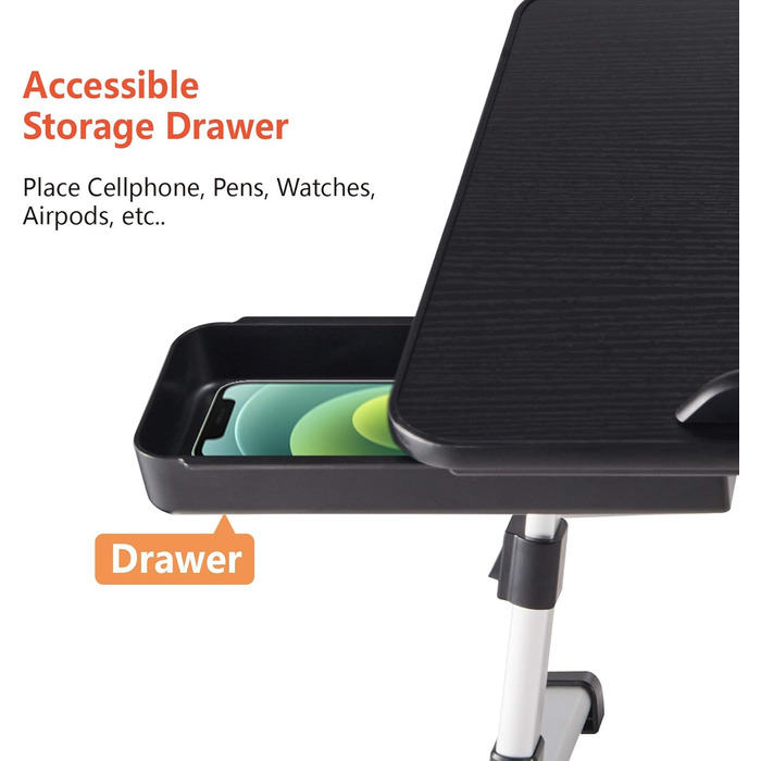 Регульований стіл для ноутбука з ящиком, чорний. Розмір: 23.6' x 13.6' x 9.4-12.6'