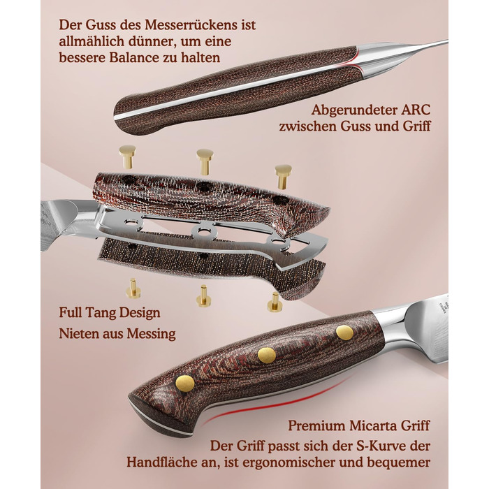 HEZHEN ніж кухарський 21 см дамаск 67 шарів, професійний ніж для кухні з дерев'яною піхвою, міцний ніж з ручкою Micarta