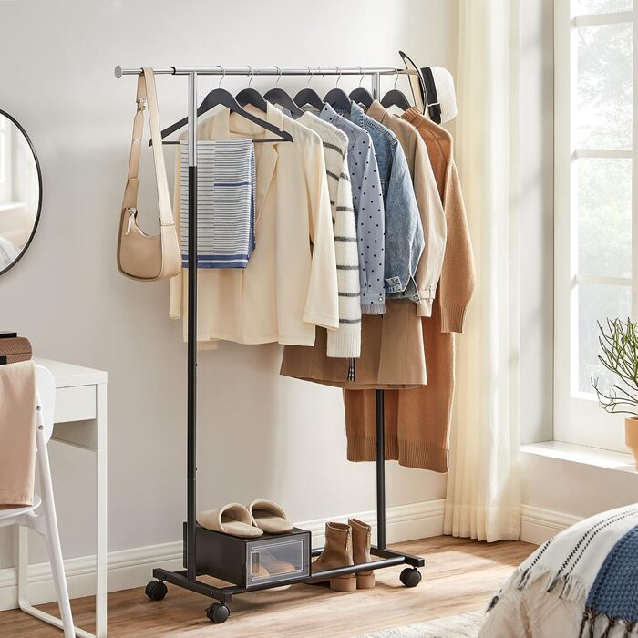 SONGMICS Clothes Rack, Clothes Rail, Coat Stand with Wheels, Load Capacity up to 25 kg, Adjustable, Silver-Black HSR101B01