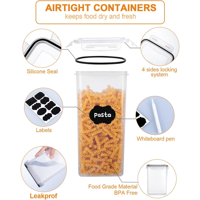 Набір контейнерів для зберігання продуктів 25 елементів (9x0.8L + 6x1.4L + 5x2L + 5x2.8L), герметичні, з кришкою, для кухні, органайзер, пластик, для спагеті, борошна, мюслі, кукурудзяних пластівців
