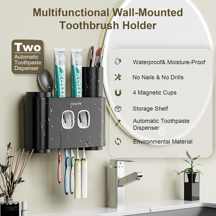 WREWING Toothbrush Holder, multifunctional, wall-mounted, automatic toothpaste dispenser & dust-proof toothbrush holder with 5 brush slots, 4 cups, 2 automatic toothpaste dispensers, 1