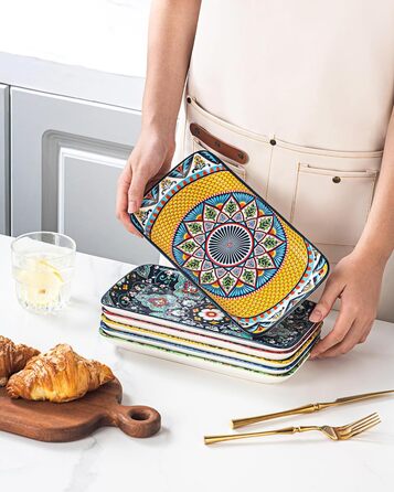 Сервіровочні тарілки HENXFEN з порцеляни, 10 дюймів, набір прямокутних тарілок для салату, закусок, сашимі, богемний квітковий дизайн у 6 яскравих кольорах