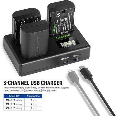NEEWER LP-E6NH: Запасний акумулятор та зарядний пристрій USB, комплект 3 шт., 2250mAh для Canon EOS R7, R5, R6, R6 II, R, 5DIV, 6DII, 7DII, 80D, 90D