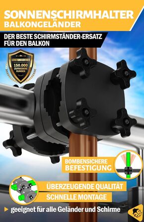 Menz Balcony Railing Umbrella Holder - Bomb-Proof Umbrella Holder for Balcony Railing as a Compact Balcony Umbrella Stand, Absolutely Universal Balcony Umbrella Holder in Black