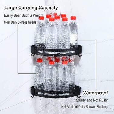 Поличка для душу без свердління, кутова поличка для ванної кімнати з алюмінію Space, трикутна корзина для душу з гачками, органайзер для шампуню, антикорозійна (2 шт., піскоструминне золото) (матова чорна)