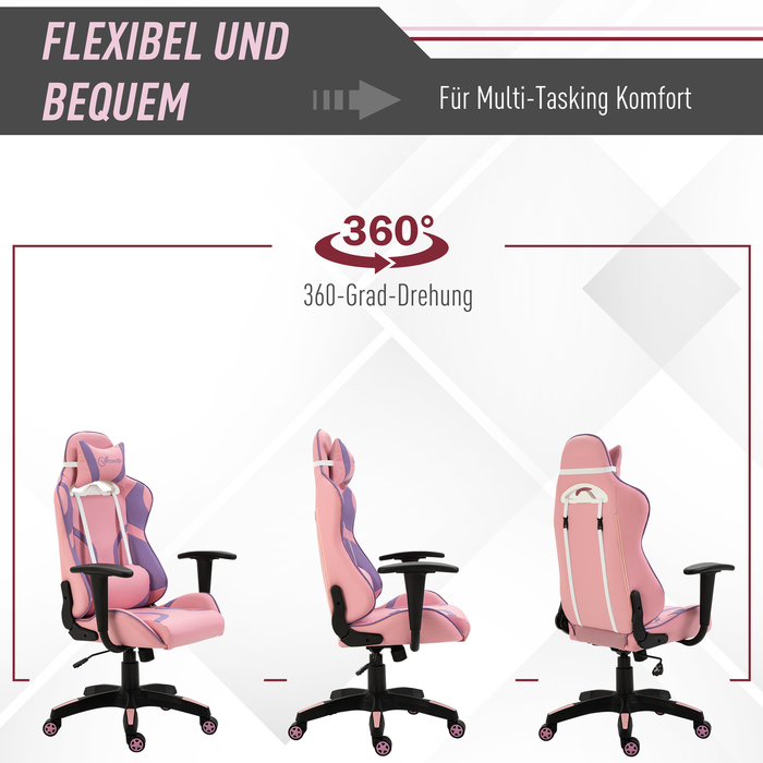 Vinsetto Gaming Chair Ergonomic Office Chair, Swivel Chair, Adjustable Massage Lumbar Cushion, Height Adjustable, Pink & Violet, 69x56x125.5cm | Aosom
