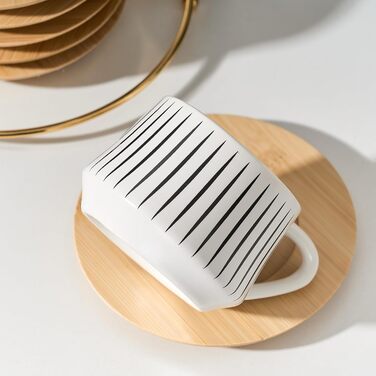 Набір порцелянових чашок для еспресо та кави Лука (6 шт.) з металевим підставкою, 118 мл, смугастий дизайн, білий та чорний