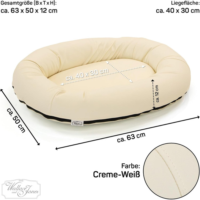 Wallace & Jones | Преміум лежанка для собак Болтон, 63x50 см, з штучної шкіри, для маленьких собак, з блискавкою, зручна, миється, не слизька, кремово-білий колір
