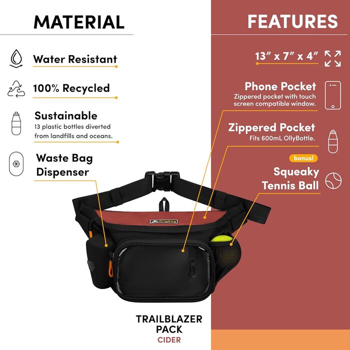 Пакет OllyDog Trailblazer для собак: поясна сумка для ласощів, кулька, диспенсер для відходів, водонепроникний, для прогулянок та тренувань, універсальний розмір (Cider)