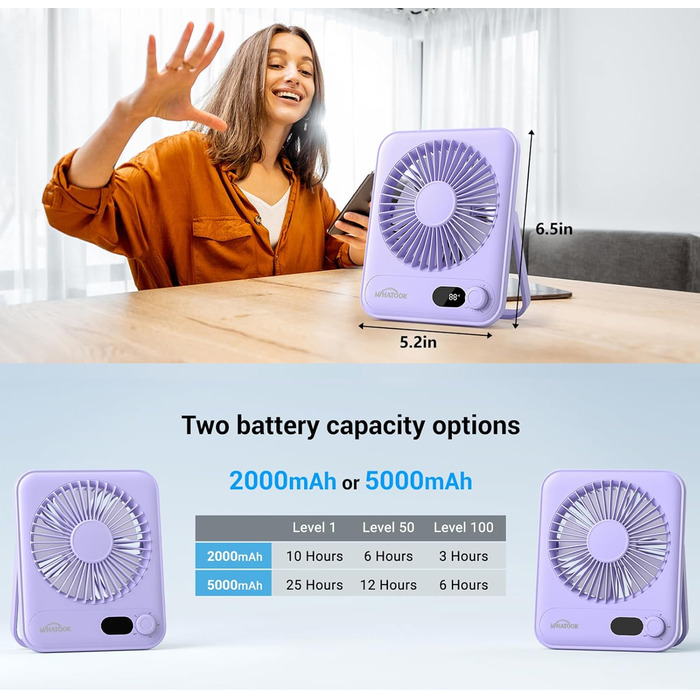 USB вентилятор WHATOOK: безшумний, з регулюванням швидкості 1-100, акумуляторний, LED-індикатор, портативний міні-вентилятор для офісу, дому, кемпінгу, подорожей (2000mAh, чорний & фіолетовий)