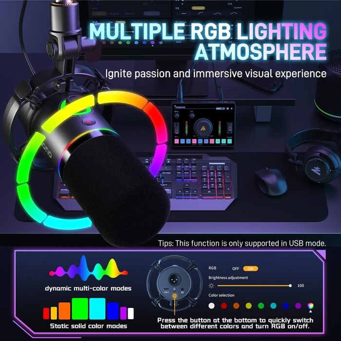 Мікрофон MAONO PD200XS XLR/USB: Набір для стримінгу, запису та геймінгу з RGB підсвіткою, регулюванням гучності та беззвучною кнопкою