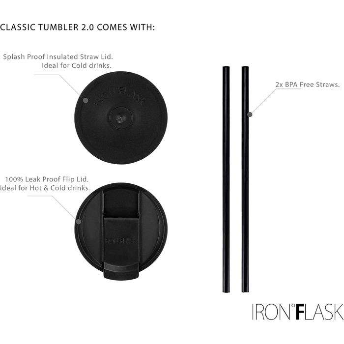 IRON °FLASK Classic Tumbler 2.0 - 2 Lids (Straw Flip), Vacuum Insulated Stainless Steel Water Bottle, Double-Walled Travel Mug - Midnight Black, 32 oz
