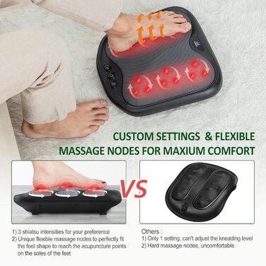 Масажер для ніг Snailax Shiatsu з підігрівом, 18 роликів, для будь-якого розміру, електричний, для чоловіків та жінок (Чорний, 3 кнопки)