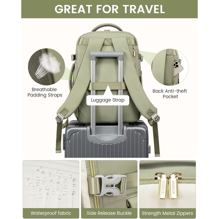 Рюкзак LOVEVOOK 40L для ручної поклажі в літак, водонепроникний, з відділенням для ноутбука 17 дюймів, для подорожей, роботи, хайкінгу, оливково-бежевий