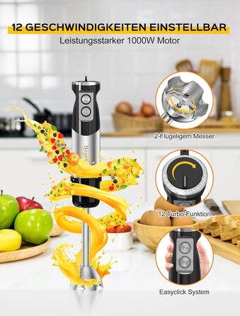 Блендер занурювальний Benefast 6-в-1 з нержавіючої сталі, 1000W, 12 швидкостей + Turbo, для супів, салатів та тіста
