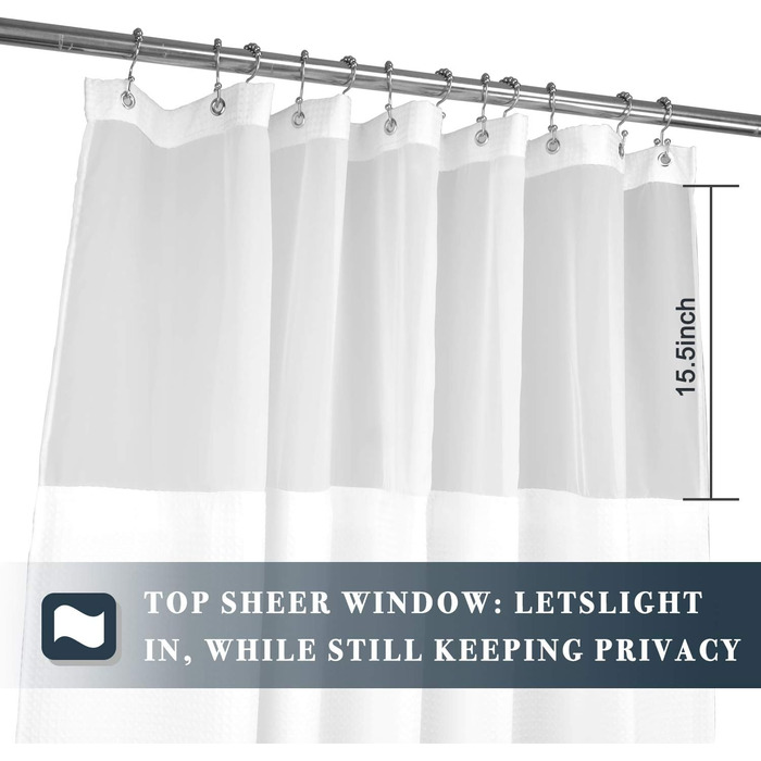 Штора для душу N&Y HOME з вафельної тканини з підкладкою, 12 гачків, біла, 180x183 см, готельний стиль, водонепроникна, важка, з віконцем