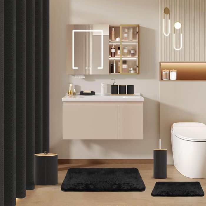 Набір аксесуарів для ванної кімнати PLIOW – 22 предмети: шторка для душу, відро для сміття, тримач для унітазної щітки, дозатор для мила. Стильний та функціональний декор для дому (Чорний, повний комплект + килимок для ванної)