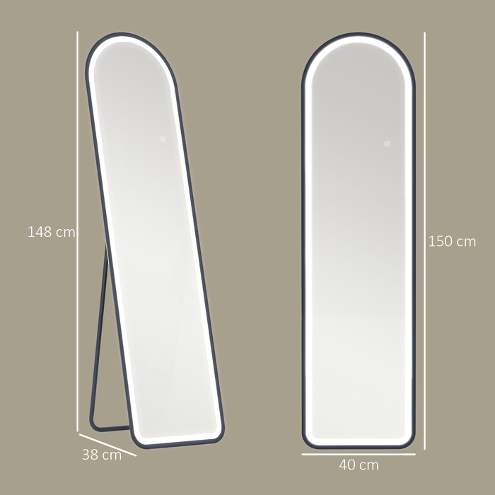 Дзеркало у повний зріст HOMCOM, 150 x 40 см, напольне дзеркало з LED-підсвічуванням, 3 кольори світла, настінне дзеркало зі стійкою, сенсорна кнопка, для спальні, вітальні, чорне | Aosom