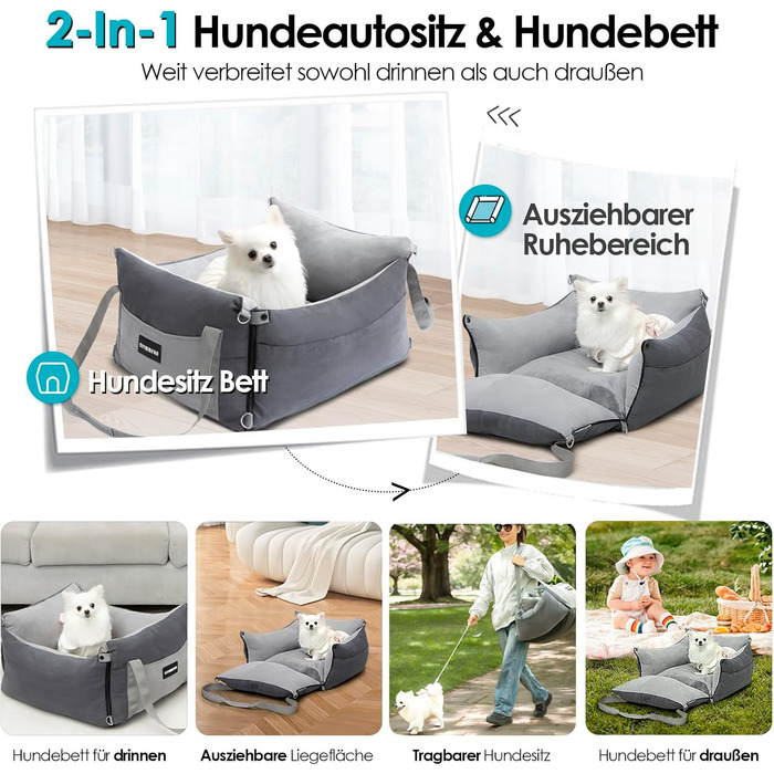 Portable Dog Car Seat for Small & Medium Dogs Under 15KG - Washable & Secure Travel Bed with Storage Pockets