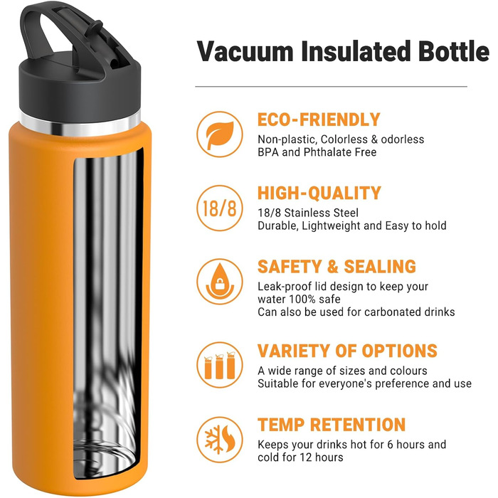 AORIN Stainless Steel Water Bottle, 500ml/750ml/1L Leak-Proof Water Bottle with Straw, BPA-Free Drinking Bottle for Kids, Vacuum Insulated Thermos for Sports, School, Fitness, Outdoor (1000 ml, Mango)