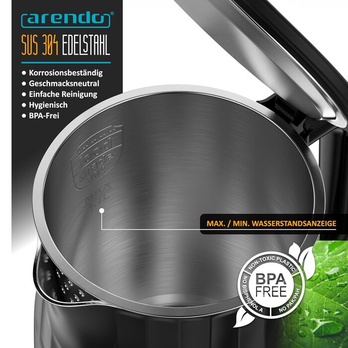 Електричний чайник Arendo з регулюванням температури, нержавіюча сталь, подвійні стінки Cool Touch, дисплей, бездротовий, 2200 Вт, 1,7 л, захист від перегріву, функція підтримання тепла, чорний
