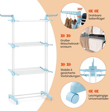 Сушарка для білизни GOPLUS 4-ярусна розкладна з 2 вішалками для одягу, 3 висувними полицями та полицею для взуття, з 4 колесами для використання в приміщенні та на вулиці (Синій колір)