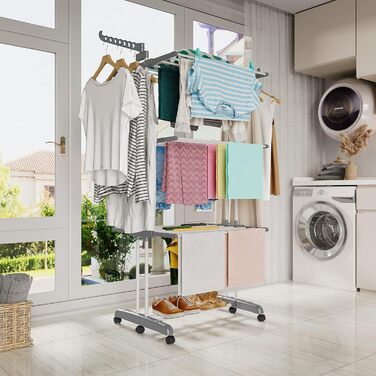 Сушарка для білизни тур-тип на коліщатках, сіра. Розкладна конструкція, 6 крил, 2 бічні крила, для дому та вулиці