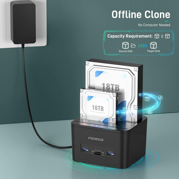 Док-станція для жорстких дисків FIDECO з двома відсіками, USB 3.0, підтримка UASP, TF/SD карт, для HDD/SSD SATA 2.5