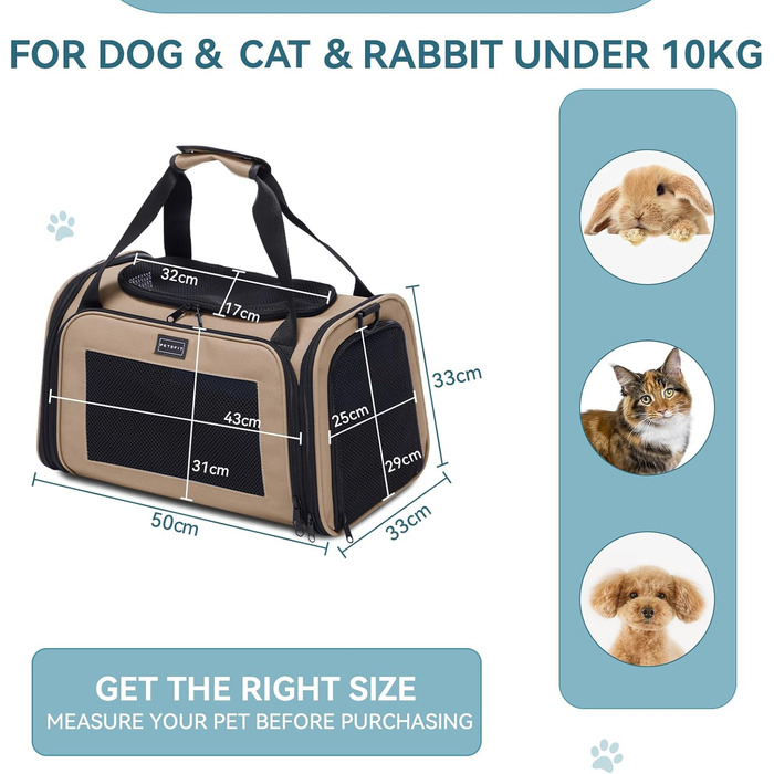 Транспортна переноска для котів та маленьких собак Petfit - легка переноска для подорожей літаком, з ременем безпеки та розкладною підстилкою, колір хакі (L)