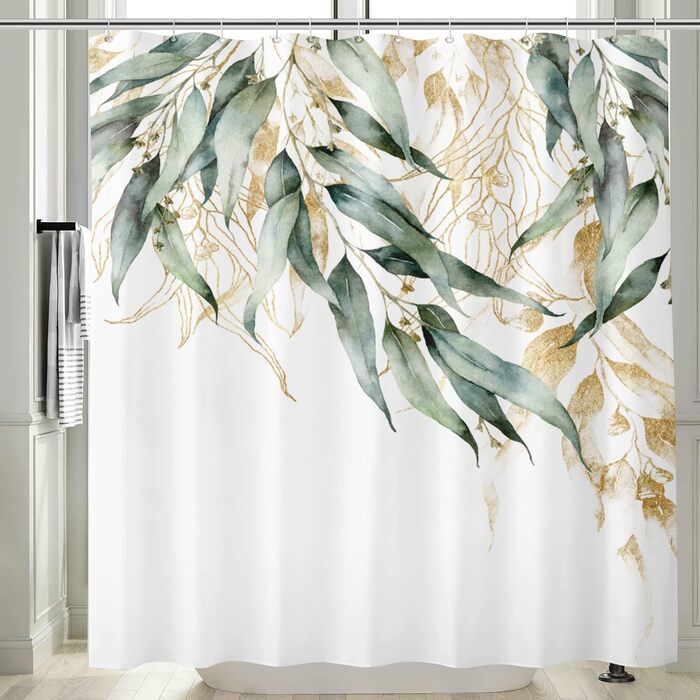 Штора для душу M&W DAS DESIGN з поліестеру, листя зелено-золоті, водонепроникна, з кільцями, 180x200 см