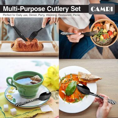 Набір столових приборів CAMRI – 16 предметів, нержавіюча сталь, набір для 4 осіб, легко миється (креузо-чорний візерунок)