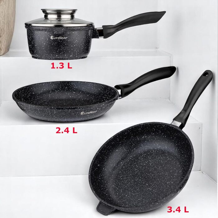 Набір каструль та сковорідок EliteHoff 17 предметів з антипригарним покриттям, чорний (E-7026)