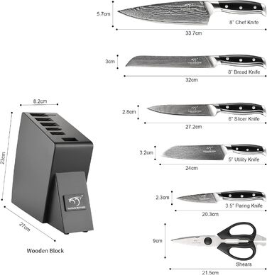 NANFANG BROTHERS 18-Piece Damascus Kitchen Knife Set with Hammered Handles & Wooden Block - Premium Quality