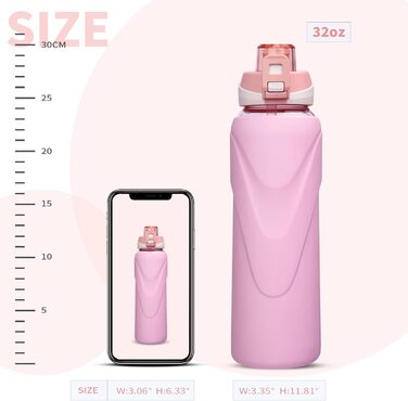 1 liter / 1l Drinking Bottle Glass with Straw BPA-Free Glass Bottle with Silicone Sleeve Borosilicate Glass Water Bottle (Pastel Pink)