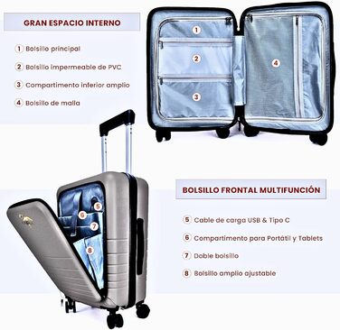 Чемодан валіза на колесах Camir - Smart-чемодан, ручна валіза, 55 x 35 x 23,5 см, ABS + PC (Сірий). USB-порт, TSA-замок, 4 колеса, передня кишеня