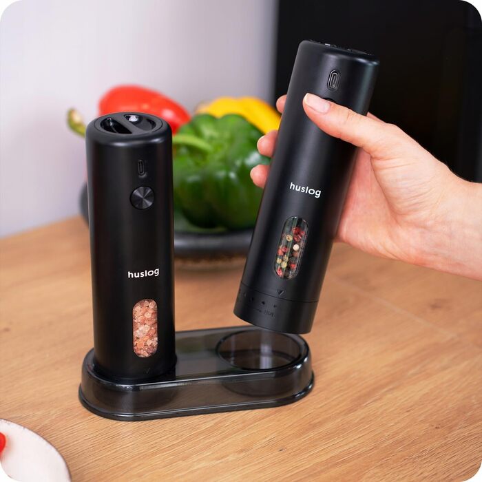 Електричні мельниці для солі та перцю 2 шт. – USB-C, LED, підставка, щітка для чищення – для солі, перцю, чилі, трав (110 мл)