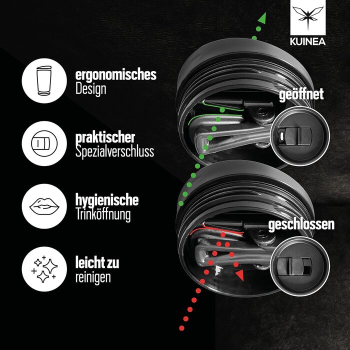 Термокружка для кави KUINEA To Go 350 мл, нержавіюча сталь, 6 годин тепла, з гігієнічним клапаном, без BPA, зелена