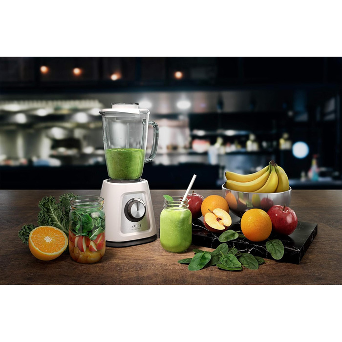 Krups KB4351 Blendforce+ Stand Mixer | 800 W | 1.75L Heat-Resistant Glass Jar | 6 Blades with Powelix | 2 Speeds + Pulse | Ice Crush Function | Smart Lock Technology | White Plastic