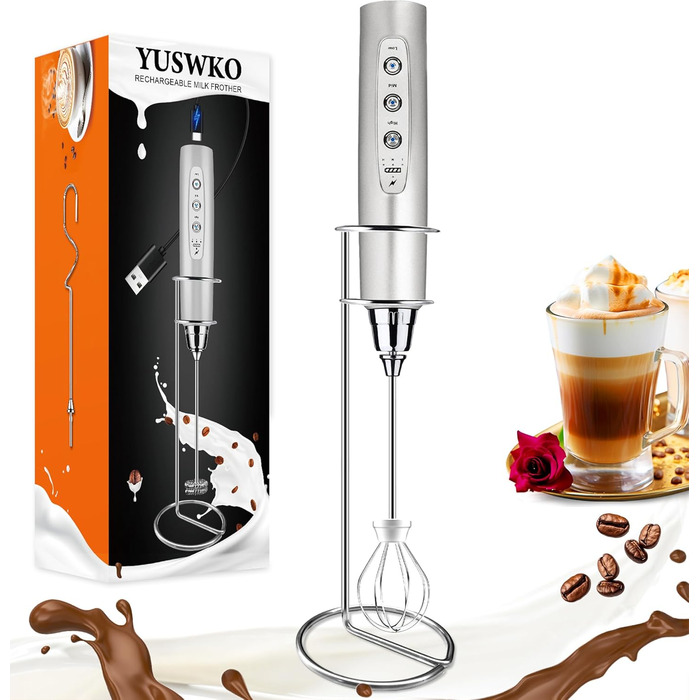 Електричний пінощікач для кави YUSWKO, USB, 3 насадки, 3 швидкості, для лате, капучино, без підставки (срібний)
